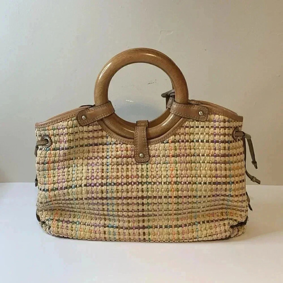 Vtg Fossil Pastel Basket‎ Weave Straw Wood Handle Leather Trim Bag (No Strap) - Picture 2 of 13